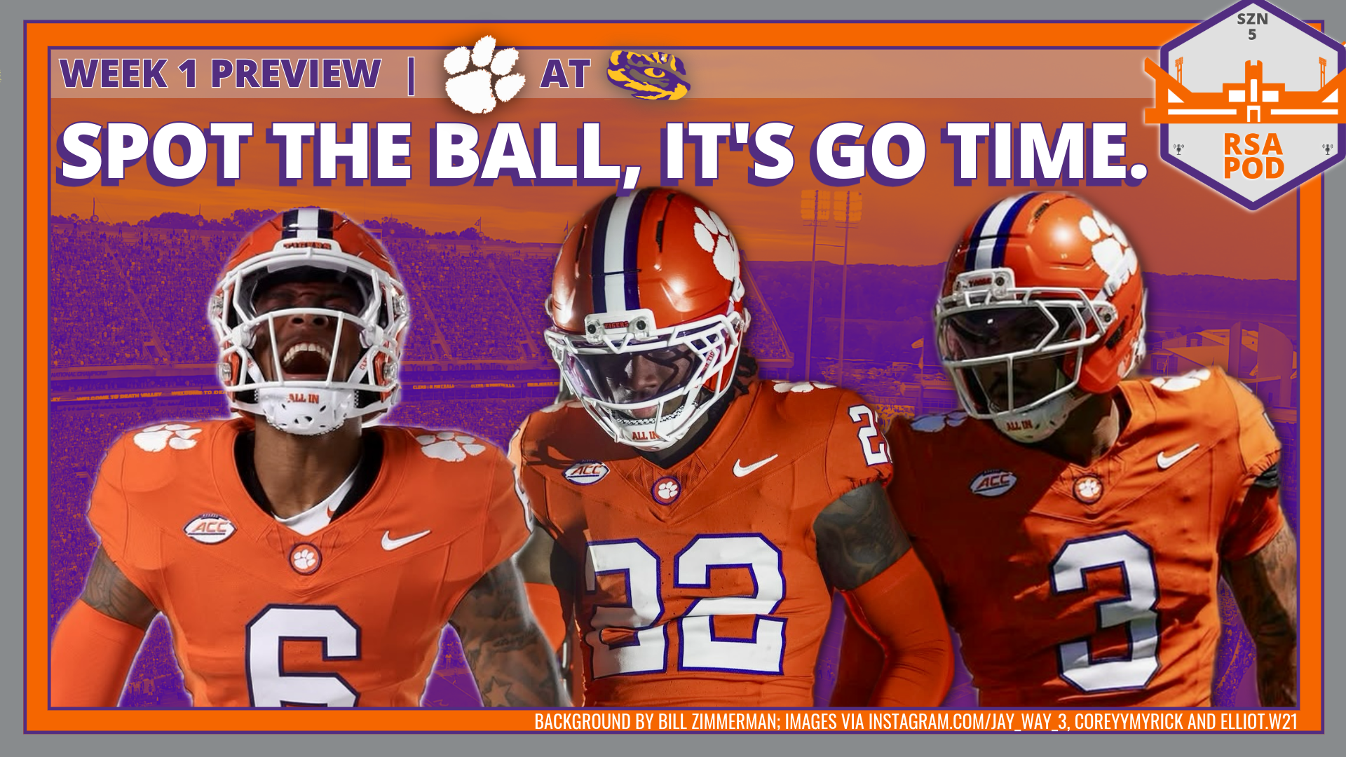 Clemson transfers Jerome Carter, Corey Myrick and Elliot Washington against a decorative backdrop with the headline, "Spot the Ball, It's Go Time."
