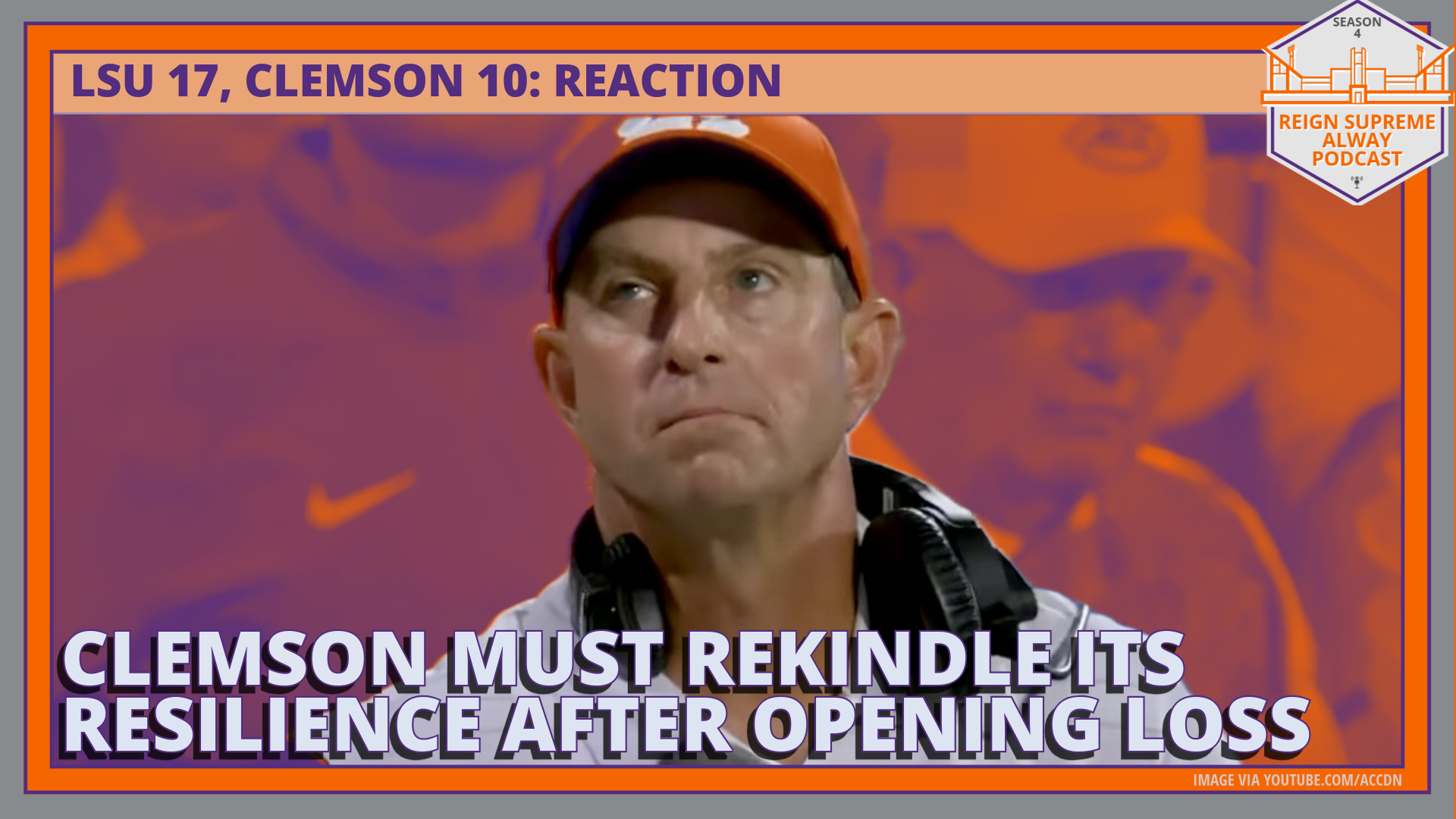 Dabo Swinney is shown during Clemson's loss to LSU on August 30