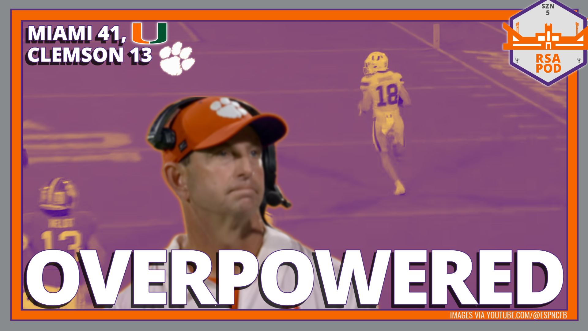 A cutout image of Clemson coach Dabo Swinney against a duotone backdrop image of Miami WR Cooper Barkate scoring a touchdown with the headlines "Miami 41, Clemson 13" and "Overpowered"