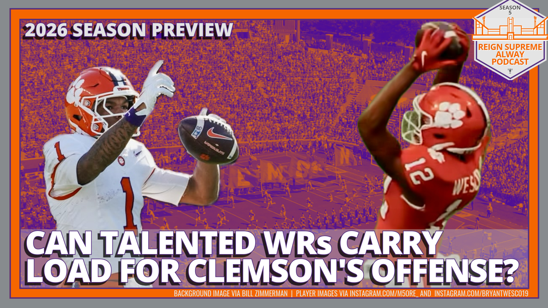 Clemson wide receivers TJ Moore and Bryant Wesco against a decorative backdrop image with the headline "2026 Season Preview: Can Talented WRs Carry Load for Clemson's Offense?"