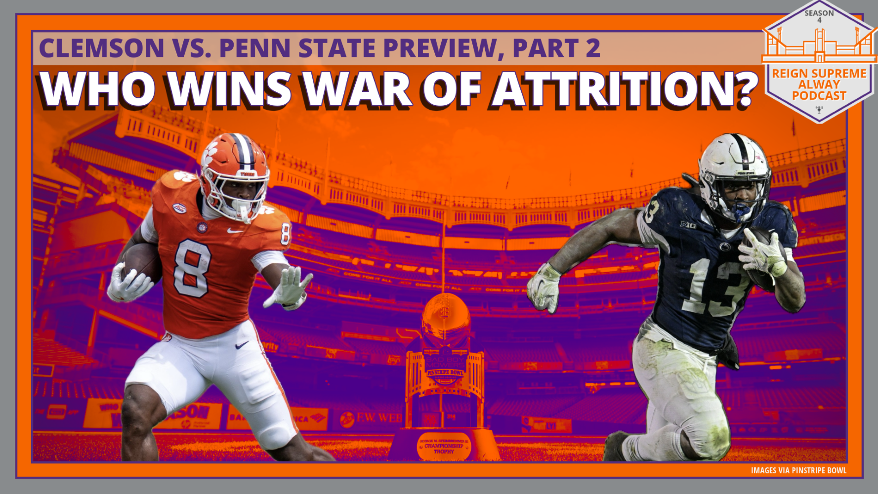 Images of Clemson running back Adam Randall and Penn State running back Keytron Allen with Yankee Stadium in the background in duotone