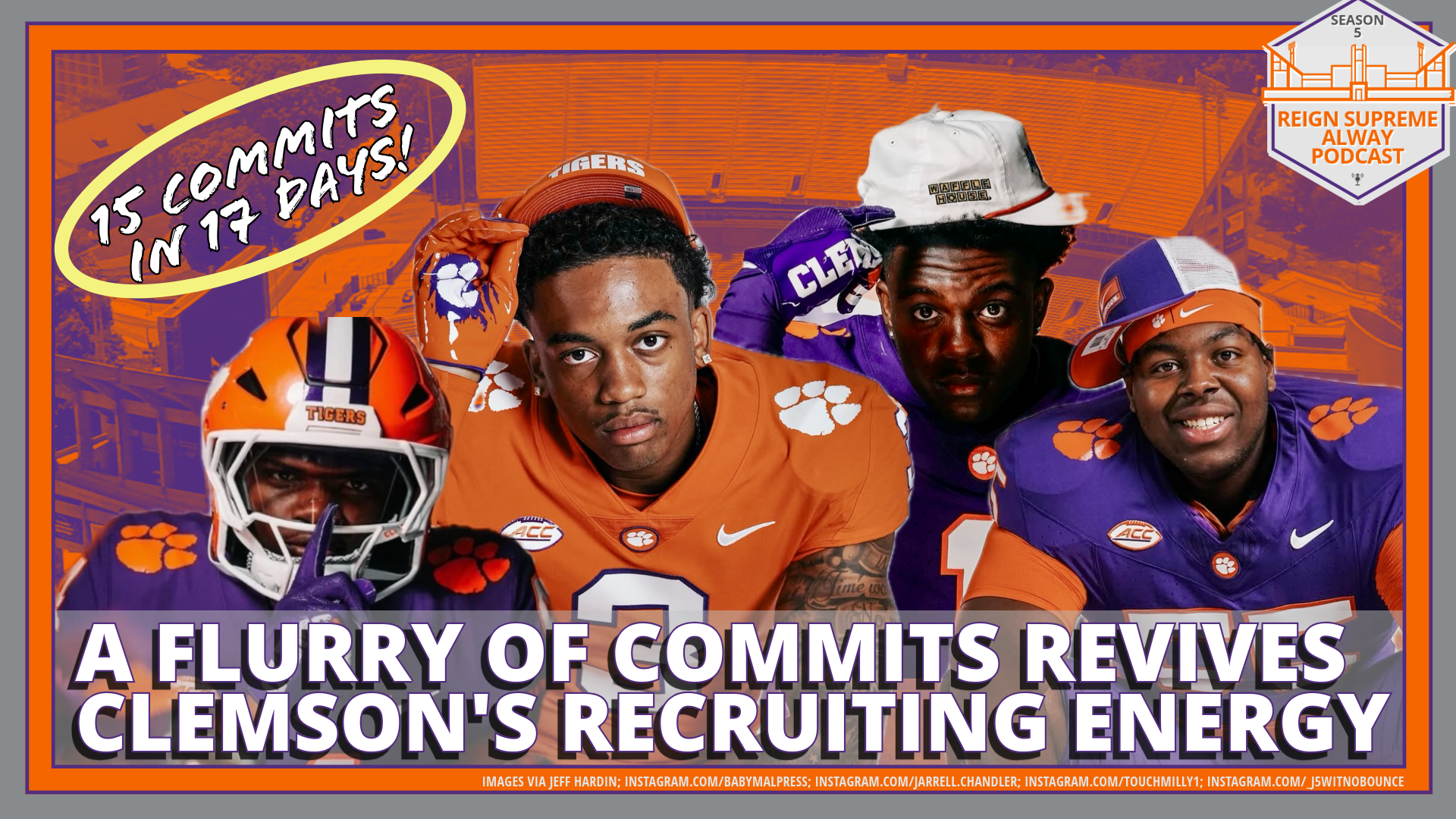 Four Clemson football commits for the 2027 signing class against a decorative backdrop and a headline saying "A flurry of commits revives Clemson's recruiting energy"