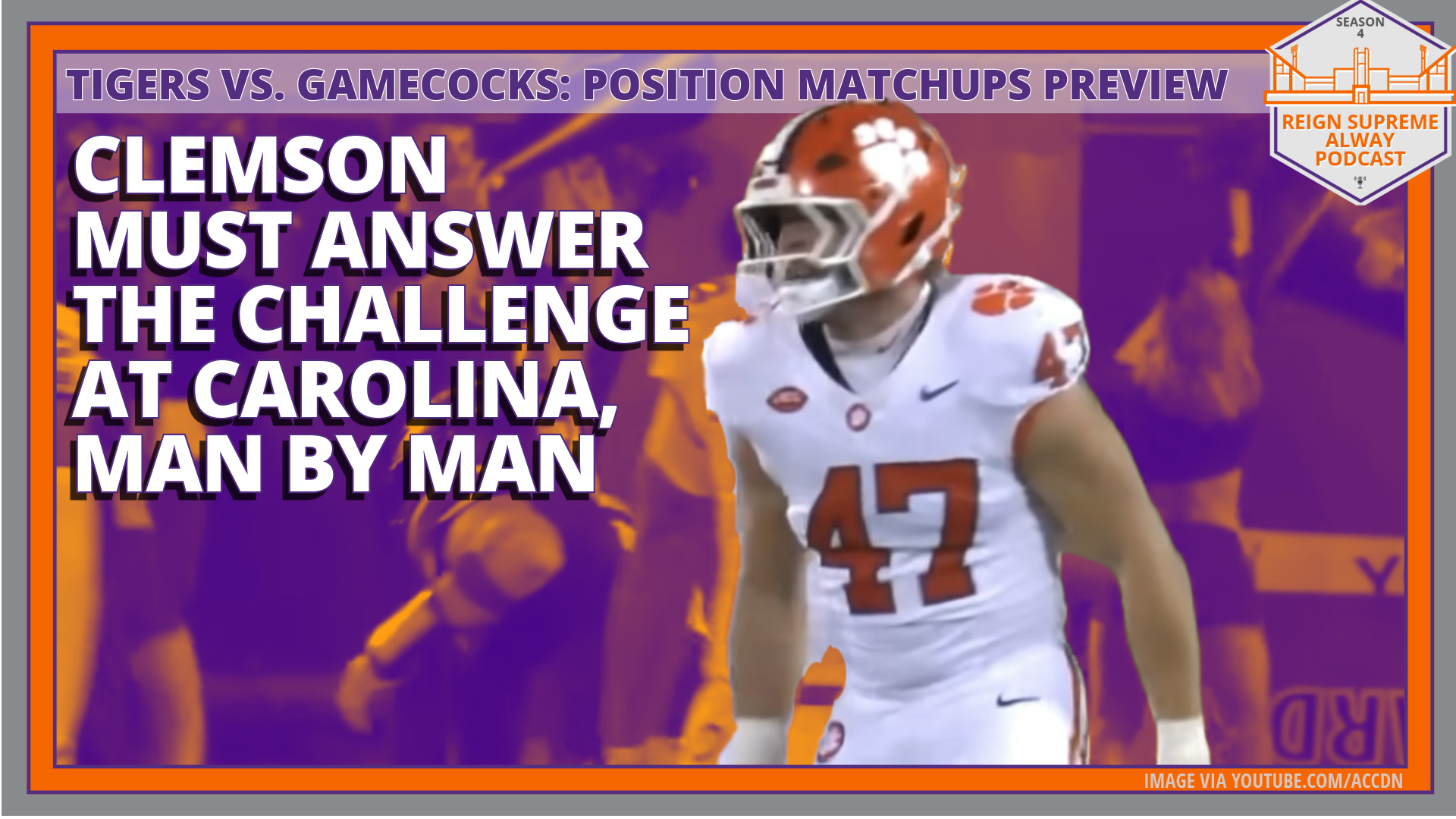 Photo of Sammy Brown with a headline describing a podcast episode that is about key man-to-man matchups by position for Clemson vs. South Carolina football