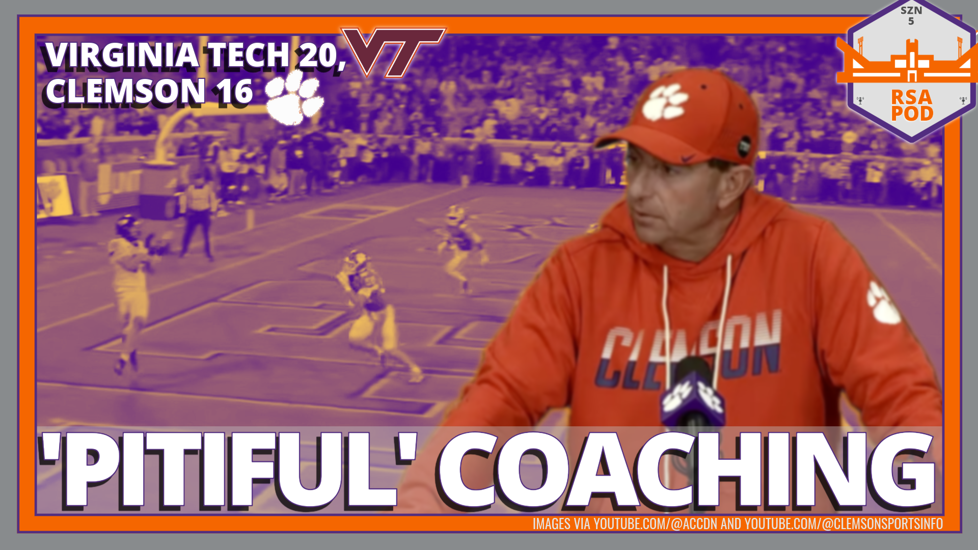 Dabo Swinney against a duotone backdrop image of a Virginia Tech player scoring a touchdown with the headlines " 'Pitiful' Coaching" and "Virginia Tech 20, Clemson 16"
