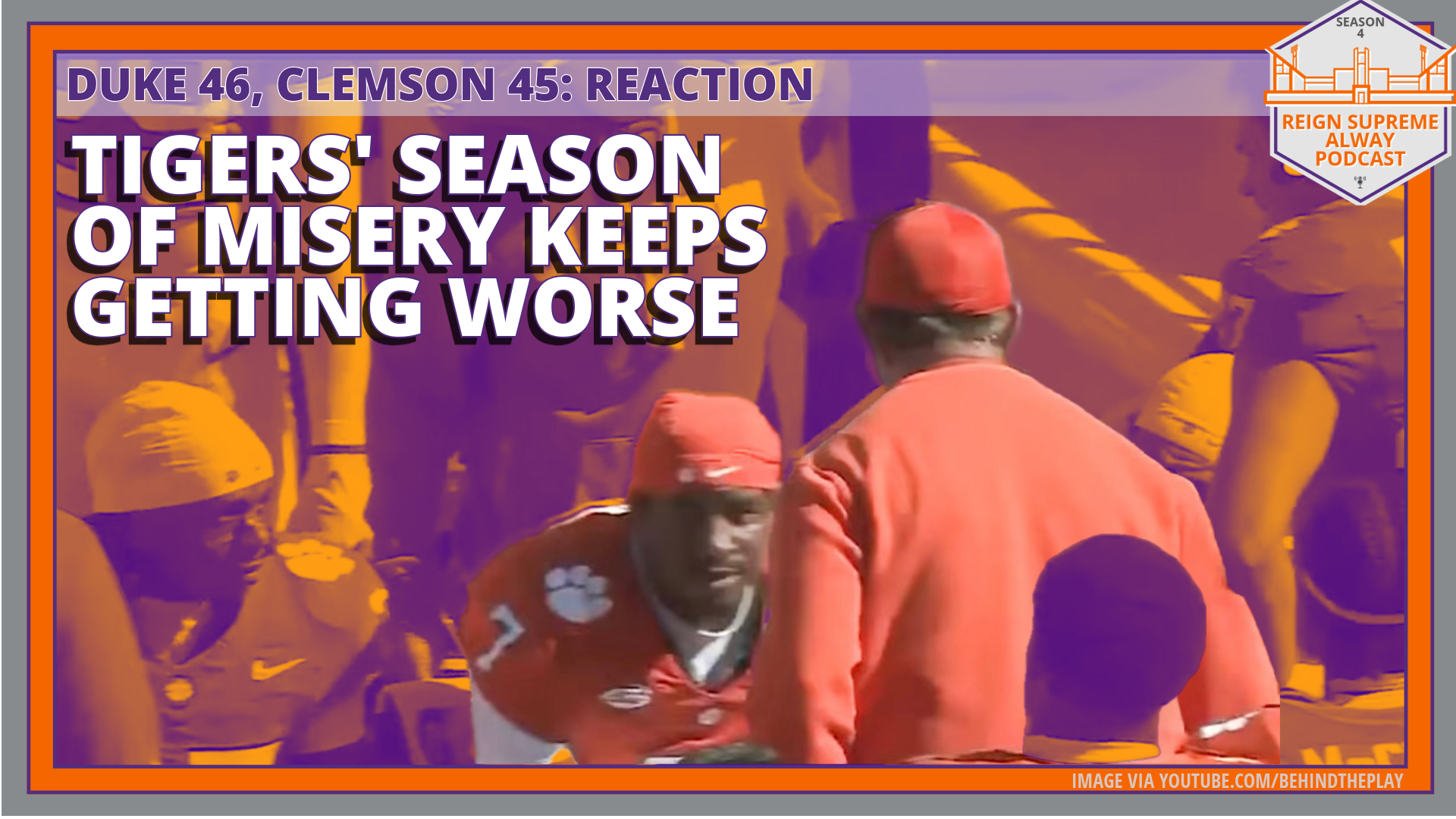 Photo of Clemson football coach Dabo Swinney talking to defensive players during the Tigers' loss Saturday to the Duke Blue Devils.