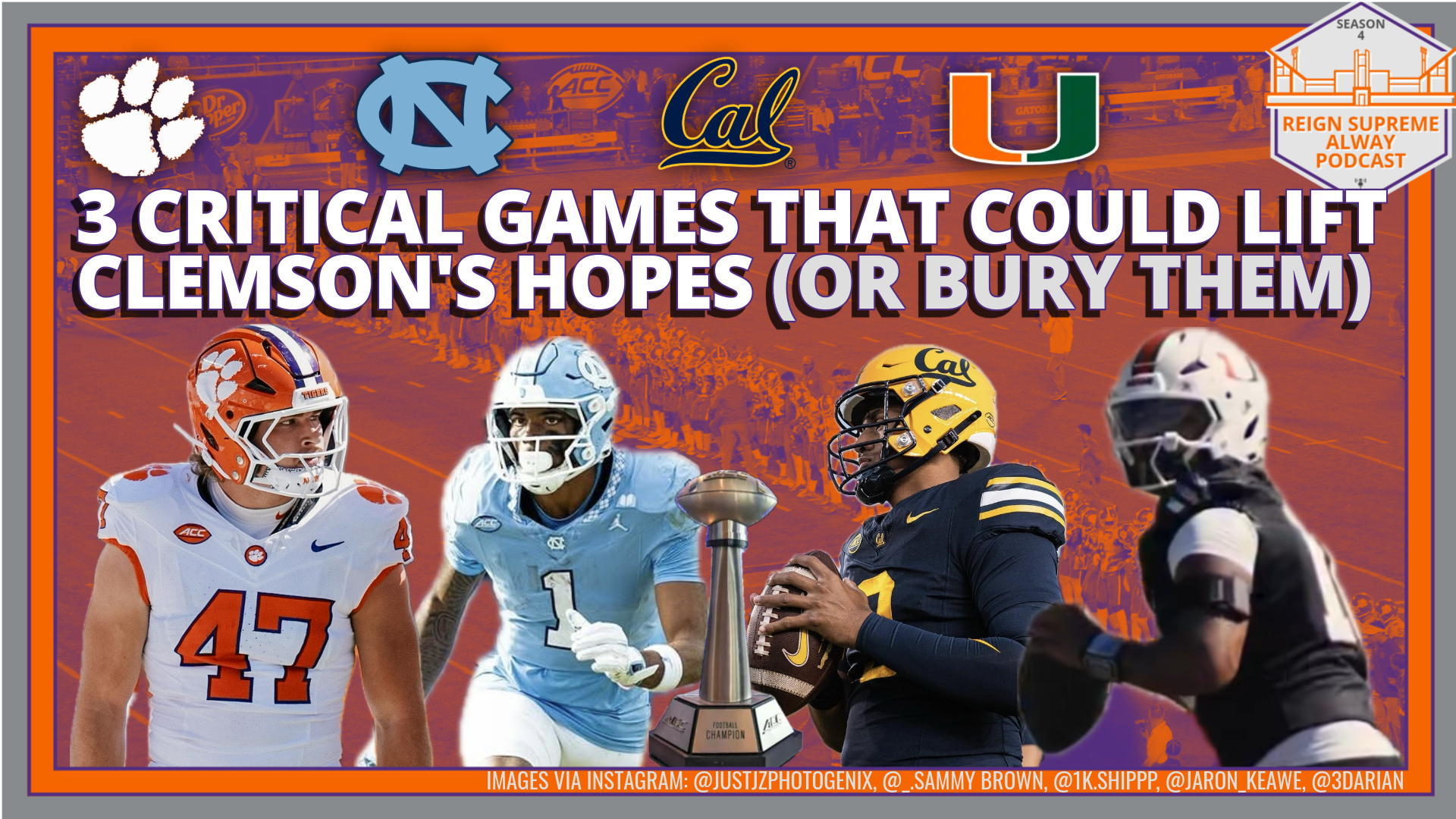 Clemson's Sammy Brown and players from UNC, Cal and Miami with the headline "3 Critical Games that Could Lift Clemson's Hopes (or Bury Them)