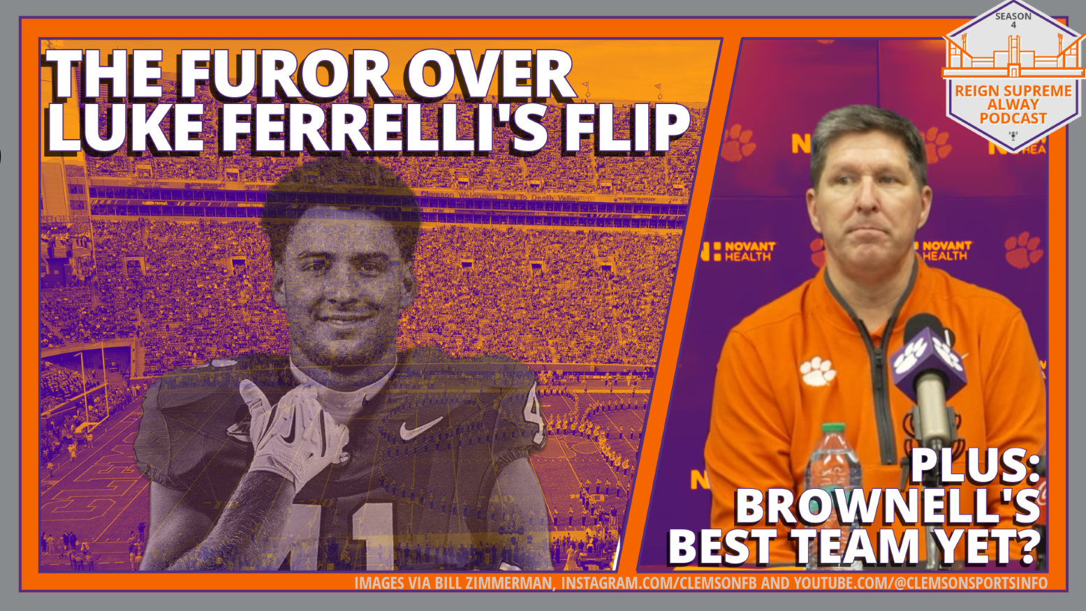 Photo of Clemson transfer portal signee Luke Ferrelli beneath headline "The Furor Over Luke Ferrelli's Flip" and another photo of basketball coach Brad Brownell over a secondary headline "Plus: Brownell's Best Team Yet?"