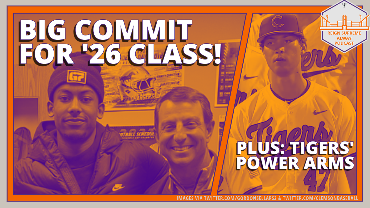 Clemson football commit Gordon Sellars stands with Dabo Swinney plus a second image of Clemson baseball closer Lucas Mahlstedt