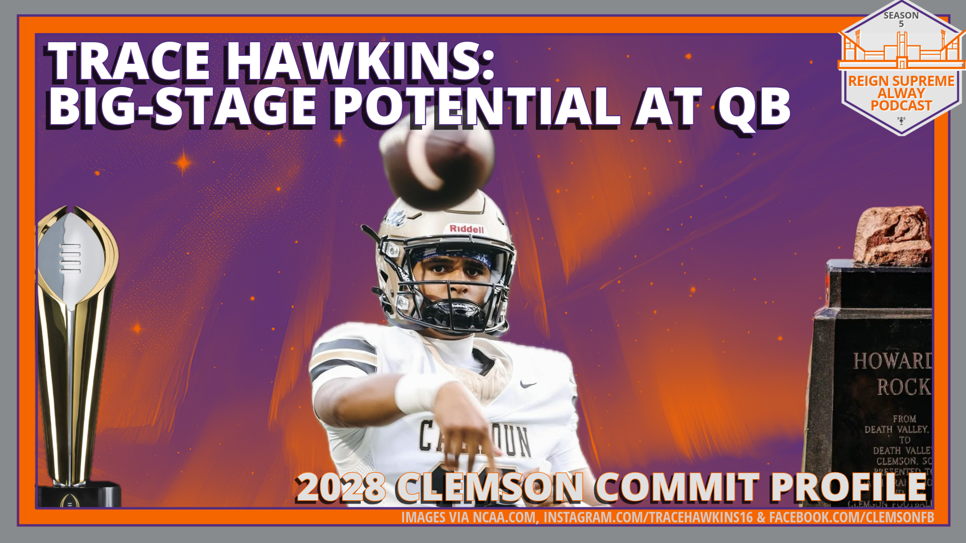 Clemson QB commit Trace Hawkins against a decorative background with the headline, "Big-Stage Potential at QB"
